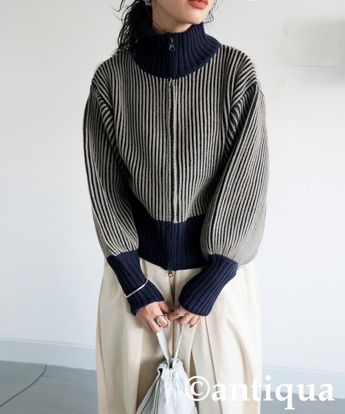 antiqua(アンティカ)の「バイカラージップニット(ニット/セーター・レディース・カーキ/ブラック/ネイビー・ONESIZE)」の19枚目の写真