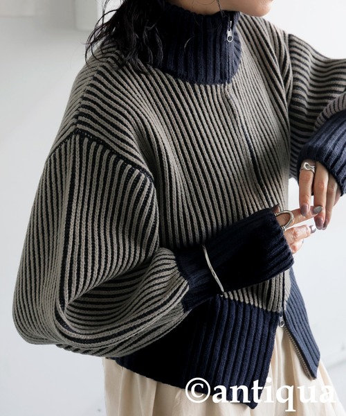 antiqua(アンティカ)の「バイカラージップニット(ニット/セーター・レディース・カーキ/ブラック/ネイビー・ONESIZE)」の20枚目の写真
