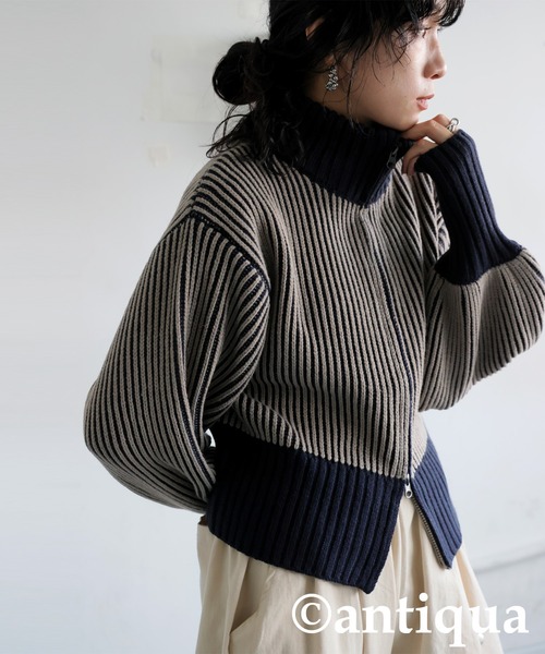antiqua(アンティカ)の「バイカラージップニット(ニット/セーター・レディース・カーキ/ブラック/ネイビー・ONESIZE)」の10枚目の写真