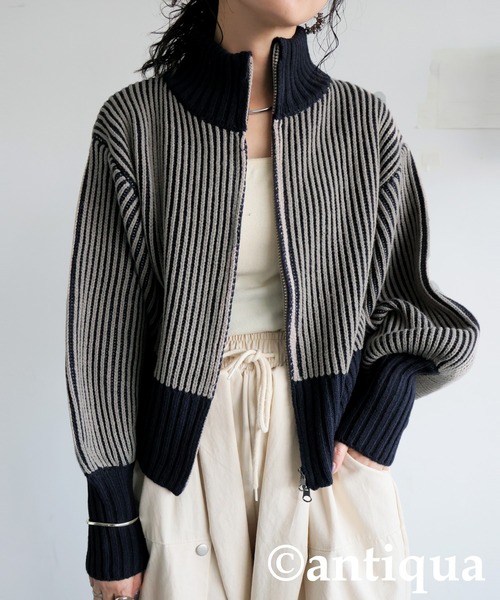 antiqua(アンティカ)の「バイカラージップニット(ニット/セーター・レディース・カーキ/ブラック/ネイビー・ONESIZE)」の11枚目の写真