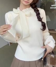 リボンネックリブニット