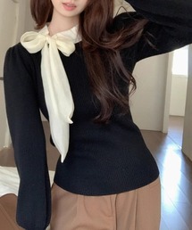 リボンネックリブニット
