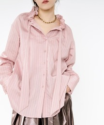 Ezick | Pinstripe frill bow-tie blouse ピンストライプフリルネックブラウス(シャツ/ブラウス)