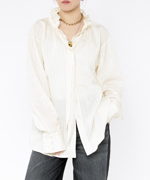 Ezick(エジック)の「Pinstripe frill bow-tie blouse ピンストライプフリルネックブラウス(シャツ/ブラウス・レディース・ピンク/オフホワイト・FREE)」の9枚目の写真