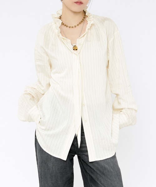 Ezick(エジック)の「Pinstripe frill bow-tie blouse ピンストライプフリルネックブラウス(シャツ/ブラウス・レディース・ピンク/オフホワイト・FREE)」の10枚目の写真