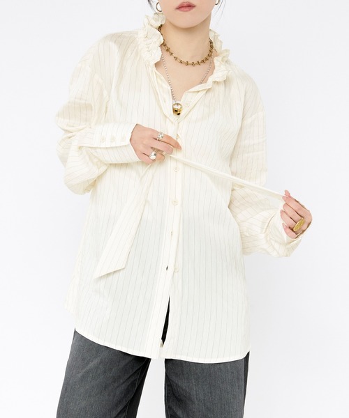 Ezick(エジック)の「Pinstripe frill bow-tie blouse ピンストライプフリルネックブラウス(シャツ/ブラウス・レディース・ピンク/オフホワイト・FREE)」の12枚目の写真