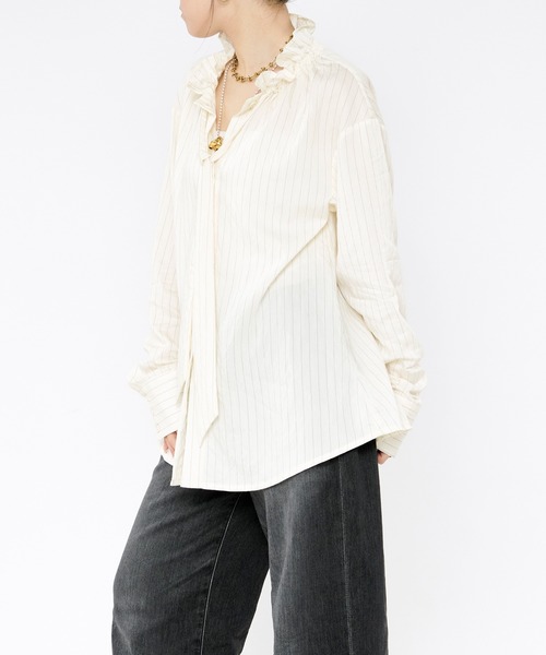 Ezick(エジック)の「Pinstripe frill bow-tie blouse ピンストライプフリルネックブラウス(シャツ/ブラウス・レディース・ピンク/オフホワイト・FREE)」の13枚目の写真