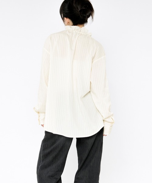 Ezick(エジック)の「Pinstripe frill bow-tie blouse ピンストライプフリルネックブラウス(シャツ/ブラウス・レディース・ピンク/オフホワイト・FREE)」の14枚目の写真