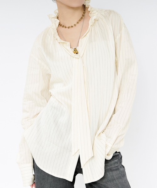 Ezick(エジック)の「Pinstripe frill bow-tie blouse ピンストライプフリルネックブラウス(シャツ/ブラウス・レディース・ピンク/オフホワイト・FREE)」の8枚目の写真