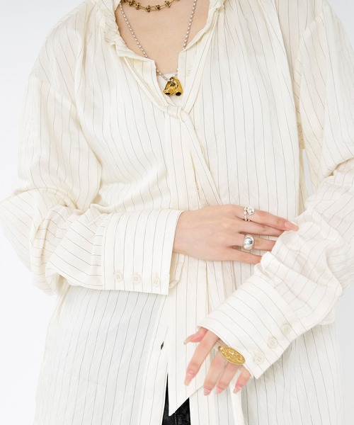 Ezick(エジック)の「Pinstripe frill bow-tie blouse ピンストライプフリルネックブラウス(シャツ/ブラウス・レディース・ピンク/オフホワイト・FREE)」の7枚目の写真