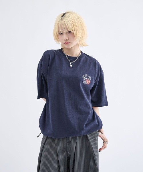 ハートロゴ刺繍短丈ドローコードTシャツ / Heart Logo Embroidery