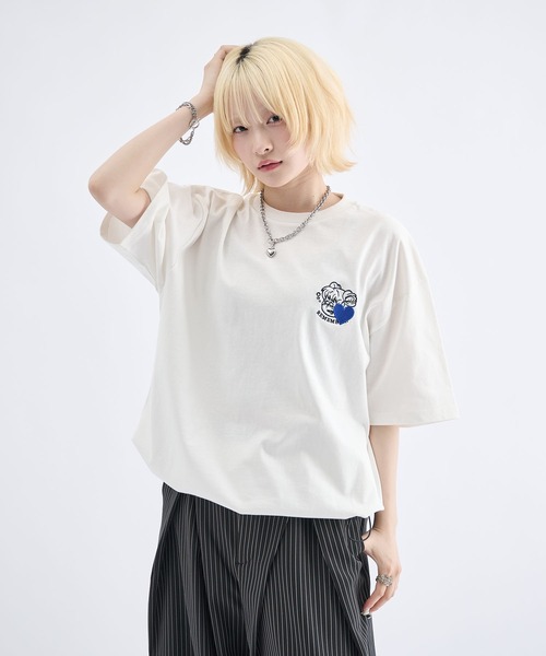 ハートロゴ刺繍短丈ドローコードTシャツ / Heart Logo Embroidery