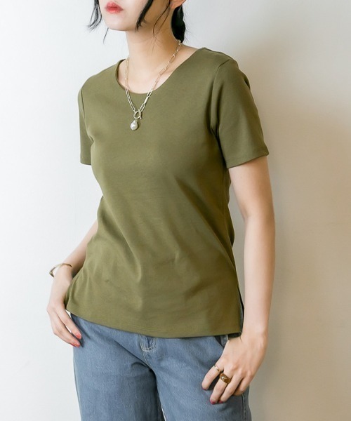RCD(アールシーディー)の「UネックコンパクトコットンTシャツ(Tシャツ/カットソー・レディース・グレイッシュベージュ/ブラック/オフホワイト/カーキ・LL/L/M)」の16枚目の写真