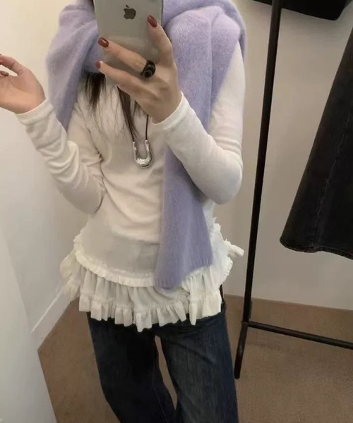 MEMECLE(メメクル)の「【 MEMECLE / メメクル 】シースルー 裾フリルレイヤード カットソー(Tシャツ/カットソー・レディース・ブラック/ホワイト・L/M/S)」の4枚目の写真