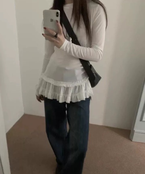 MEMECLE(メメクル)の「【 MEMECLE / メメクル 】シースルー 裾フリルレイヤード カットソー(Tシャツ/カットソー・レディース・ブラック/ホワイト・L/M/S)」の7枚目の写真