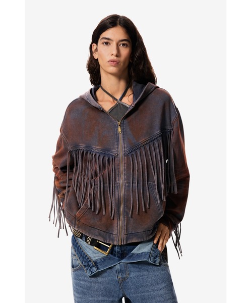 Desigual（デシグアル）の「【Desigual×MASHA POPOVA】ヴィンテージウォッシュ×フリンジデザインジップアップパーカー（スウェット・レディース・ブルー・S）」の3枚目の写真