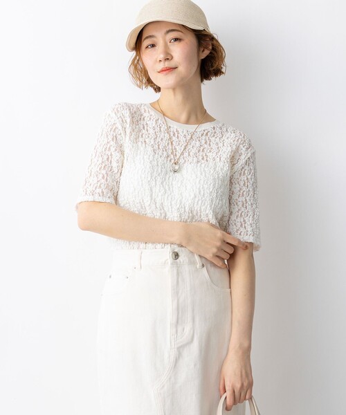 23区 S(ニジュウサンクチイサイサイズ)の「リンクルレースジャージー 5分袖 TEE(Tシャツ/カットソー・レディース・ホワイト系/ブラック系・32)」の2枚目の写真