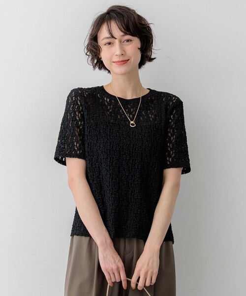 23区 S(ニジュウサンクチイサイサイズ)の「リンクルレースジャージー 5分袖 TEE(Tシャツ/カットソー・レディース・ホワイト系/ブラック系・32)」の1枚目の写真