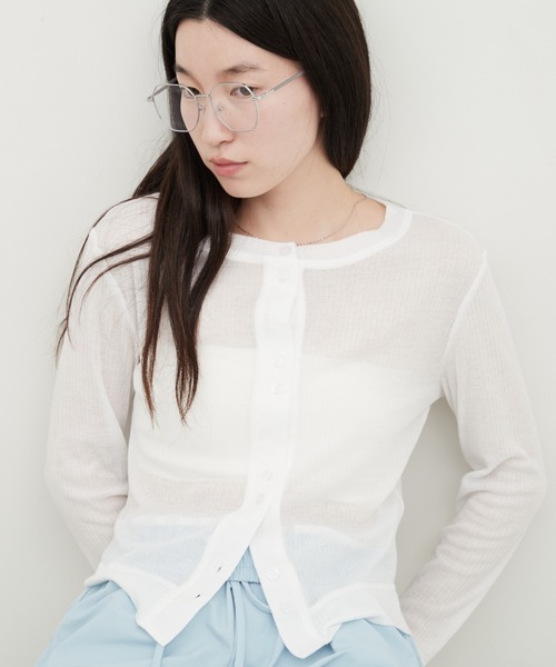 OFROOM（オフルーム）の「Sheer Rib Skin Cardigan｜シアーリブスキンカーディガン（カーディガン/ボレロ・レディース・ブラウン/チャコール/ブラック/ホワイト/イエロー・FREE）」の2枚目の写真
