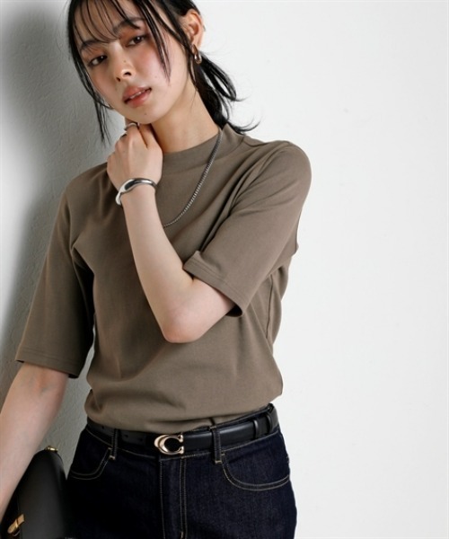 nissen(ニッセン)の「UVカット綿100%フライス素材プチハイネック5分袖Tシャツ<大きいサイズ有>(Tシャツ/カットソー・レディース・オフホワイト/グレー系/ブルー/ブラック/グリーン/ピンク・S/M/L/LL/3L)」の4枚目の写真