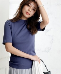 UVカット綿100%フライス素材プチハイネック5分袖Tシャツ<大きいサイズ有>