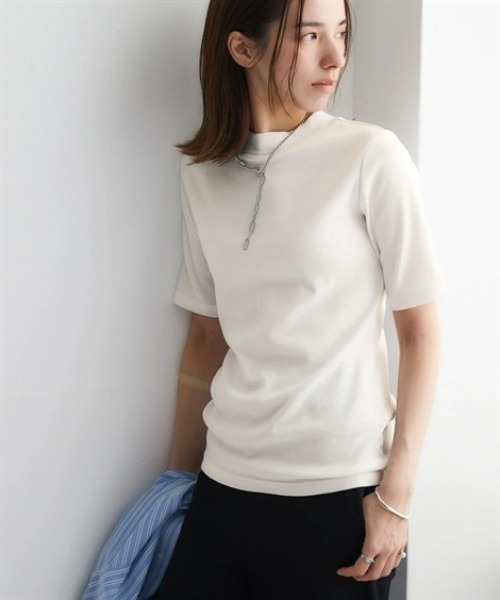 nissen(ニッセン)の「UVカット綿100%フライス素材プチハイネック5分袖Tシャツ<大きいサイズ有>(Tシャツ/カットソー・レディース・オフホワイト/グレー系/ブルー/ブラック/グリーン/ピンク・S/M/L/LL/3L)」の21枚目の写真