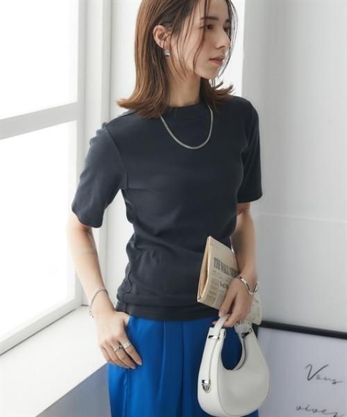 nissen(ニッセン)の「UVカット綿100%フライス素材プチハイネック5分袖Tシャツ<大きいサイズ有>(Tシャツ/カットソー・レディース・オフホワイト/グレー系/ブルー/ブラック/グリーン/ピンク・S/M/L/LL/3L)」の18枚目の写真
