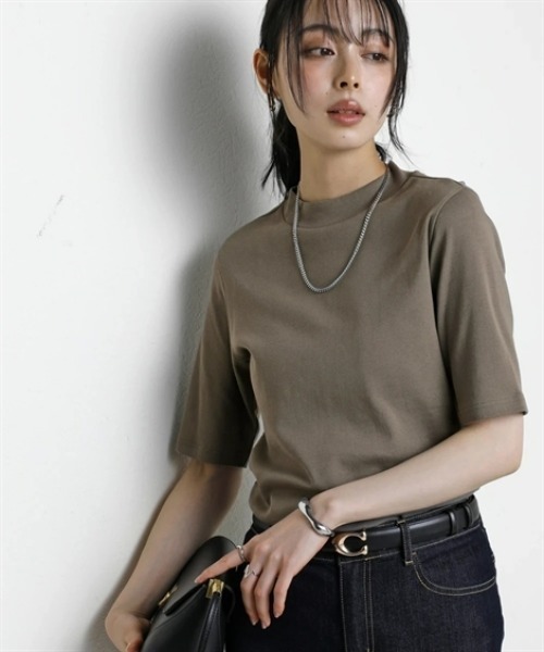 nissen(ニッセン)の「UVカット綿100%フライス素材プチハイネック5分袖Tシャツ<大きいサイズ有>(Tシャツ/カットソー・レディース・オフホワイト/グレー系/ブルー/ブラック/グリーン/ピンク・S/M/L/LL/3L)」の16枚目の写真