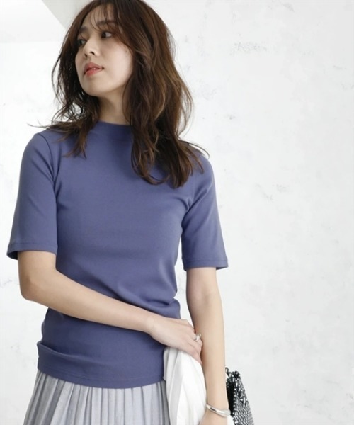 nissen(ニッセン)の「UVカット綿100%フライス素材プチハイネック5分袖Tシャツ<大きいサイズ有>(Tシャツ/カットソー・レディース・オフホワイト/グレー系/ブルー/ブラック/グリーン/ピンク・S/M/L/LL/3L)」の13枚目の写真