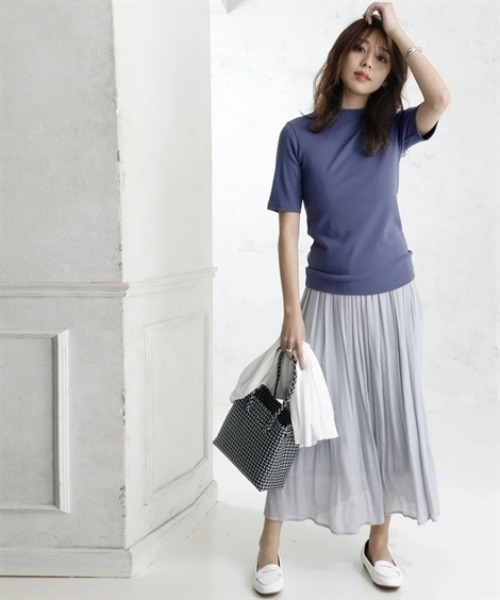 nissen(ニッセン)の「UVカット綿100%フライス素材プチハイネック5分袖Tシャツ<大きいサイズ有>(Tシャツ/カットソー・レディース・オフホワイト/グレー系/ブルー/ブラック/グリーン/ピンク・S/M/L/LL/3L)」の11枚目の写真
