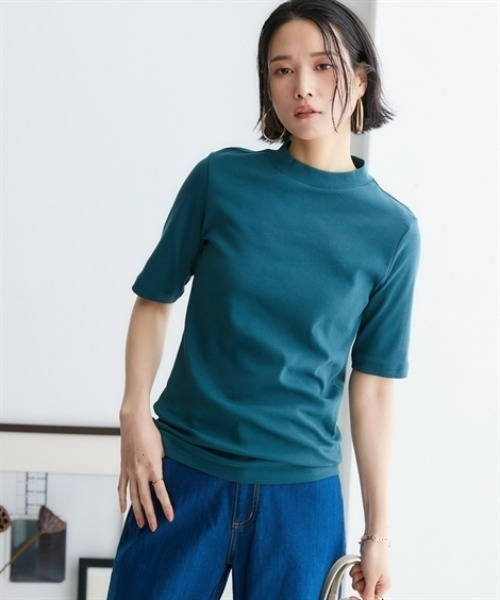 nissen(ニッセン)の「UVカット綿100%フライス素材プチハイネック5分袖Tシャツ<大きいサイズ有>(Tシャツ/カットソー・レディース・オフホワイト/グレー系/ブルー/ブラック/グリーン/ピンク・S/M/L/LL/3L)」の10枚目の写真