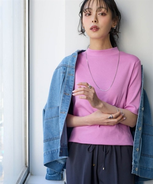nissen(ニッセン)の「UVカット綿100%フライス素材プチハイネック5分袖Tシャツ<大きいサイズ有>(Tシャツ/カットソー・レディース・オフホワイト/グレー系/ブルー/ブラック/グリーン/ピンク・S/M/L/LL/3L)」の8枚目の写真