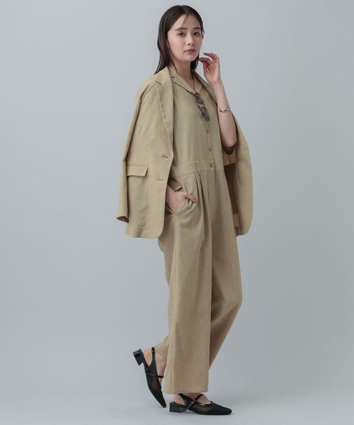 GLOBAL WORK(グローバルワーク)の「MATINEE LINE/リネンライク/オールインワン/646656(つなぎ/オールインワン・レディース・ベージュ/チェック/ブラウン系その他・MEDIUM/LARGE)」の1枚目の写真