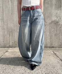 ヴィンテージ加工ワイドデニムパンツ