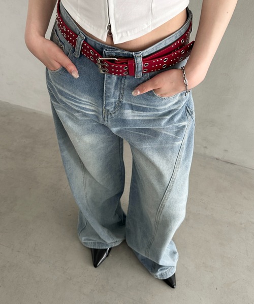 Bamm(バム)の「ヴィンテージ加工ワイドデニムパンツ(デニムパンツ・レディース・ライトブルー/ブルー・M)」の8枚目の写真