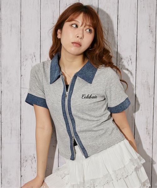 GORGE（ゴージ）の「《デニム衿ZIPトップス》カットソー／カジュアル／Y2K／春夏秋／全3色（Tシャツ/カットソー・レディース・オフホワイト/グレー/ブラック・F）」の3枚目の写真