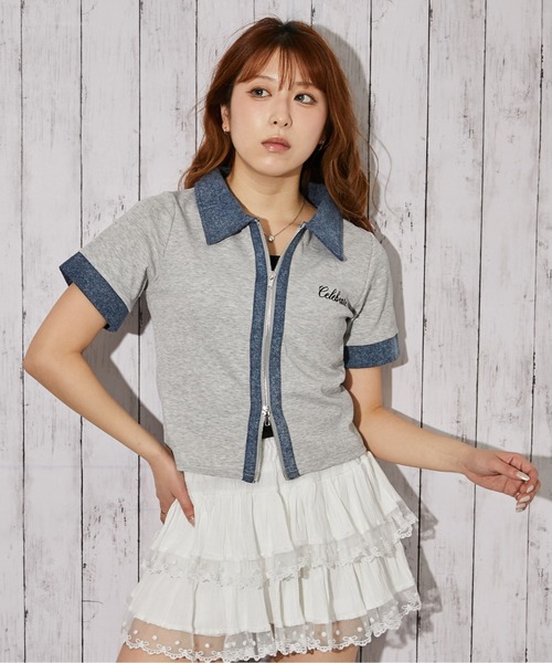 GORGE（ゴージ）の「《デニム衿ZIPトップス》カットソー／カジュアル／Y2K／春夏秋／全3色（Tシャツ/カットソー・レディース・オフホワイト/グレー/ブラック・F）」の5枚目の写真