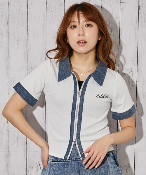 GORGE（ゴージ）の「《デニム衿ZIPトップス》カットソー／カジュアル／Y2K／春夏秋／全3色（Tシャツ/カットソー・レディース・オフホワイト/グレー/ブラック・F）」の13枚目の写真