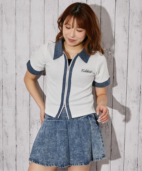 GORGE（ゴージ）の「《デニム衿ZIPトップス》カットソー／カジュアル／Y2K／春夏秋／全3色（Tシャツ/カットソー・レディース・オフホワイト/グレー/ブラック・F）」の14枚目の写真