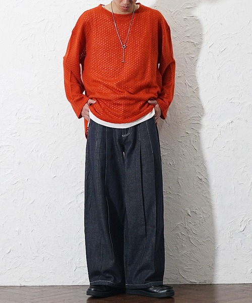 MinoriTY（マイノリティ）の「【MinoriTY】タックドレープカーブシルエットデニム メンズ カーブデニムパンツ ジーンズ ジーパン ワイドパンツ 春服（デニムパンツ・メンズ・インディゴブルー・L/M/XL）」の4枚目の写真