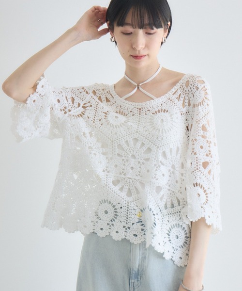 Paradise Picnic(パラダイスピクニック)の「かぎ編みトップス(Tシャツ/カットソー・レディース・ホワイト/ブラック・FREE)」の2枚目の写真