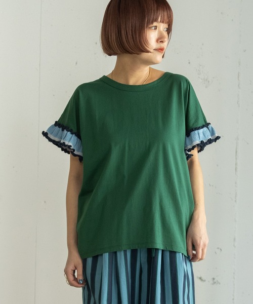 POU DOU DOU(プードゥドゥ)の「配色ニットフリル袖トップス(Tシャツ/カットソー・レディース・ネイビー/グリーン/オフホワイト・3)」の3枚目の写真