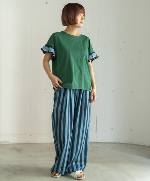 POU DOU DOU(プードゥドゥ)の「配色ニットフリル袖トップス(Tシャツ/カットソー・レディース・ネイビー/グリーン/オフホワイト・3)」の4枚目の写真