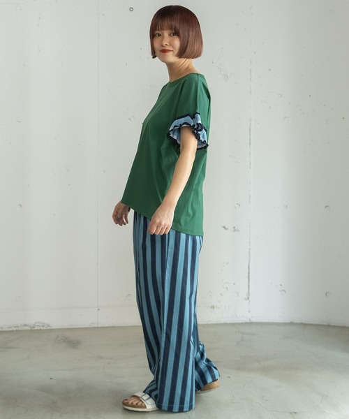 POU DOU DOU(プードゥドゥ)の「配色ニットフリル袖トップス(Tシャツ/カットソー・レディース・ネイビー/グリーン/オフホワイト・3)」の5枚目の写真