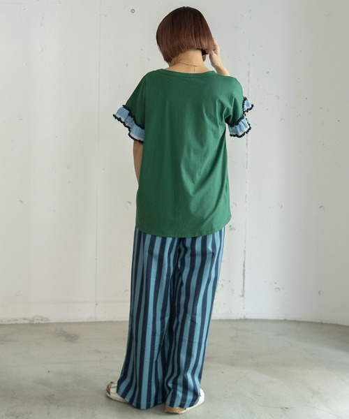 POU DOU DOU(プードゥドゥ)の「配色ニットフリル袖トップス(Tシャツ/カットソー・レディース・ネイビー/グリーン/オフホワイト・3)」の6枚目の写真