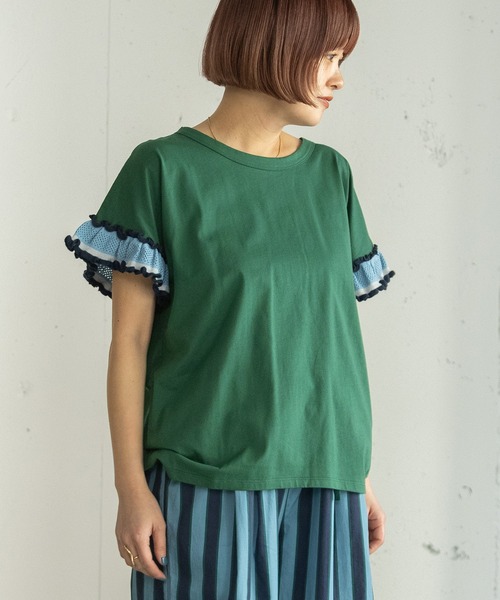POU DOU DOU(プードゥドゥ)の「配色ニットフリル袖トップス(Tシャツ/カットソー・レディース・ネイビー/グリーン/オフホワイト・3)」の8枚目の写真