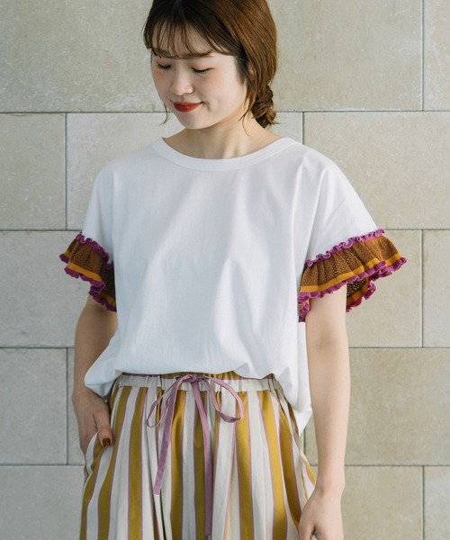 POU DOU DOU(プードゥドゥ)の「配色ニットフリル袖トップス(Tシャツ/カットソー・レディース・ネイビー/グリーン/オフホワイト・3)」の17枚目の写真