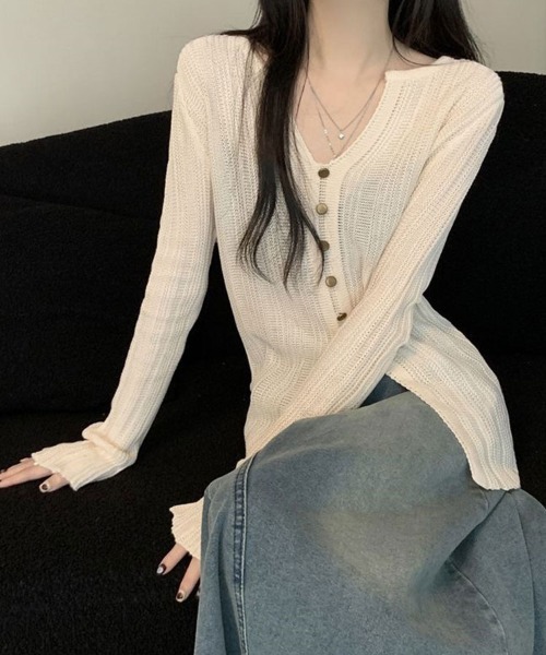 mielu(ミエル)の「フィットリブニットトップス(ニット/セーター・レディース・ベージュ/ブラック・FREE)」の3枚目の写真