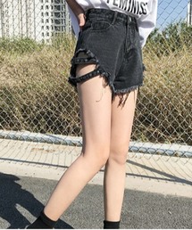 サイドスリット入りフリンジデニムショートパンツ
