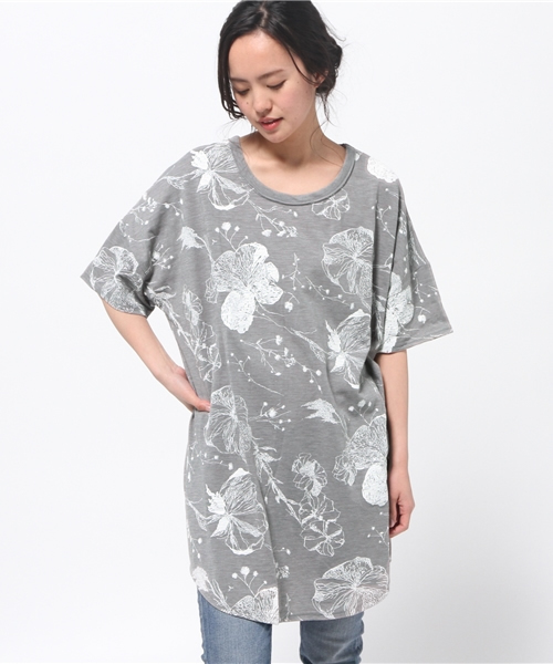 OUTLET(アウトレット)の「【Discoat Parisien】TCスラブ発泡花柄チュニック(Tシャツ/カットソー・レディース・グレー・LARGE)」の1枚目の写真